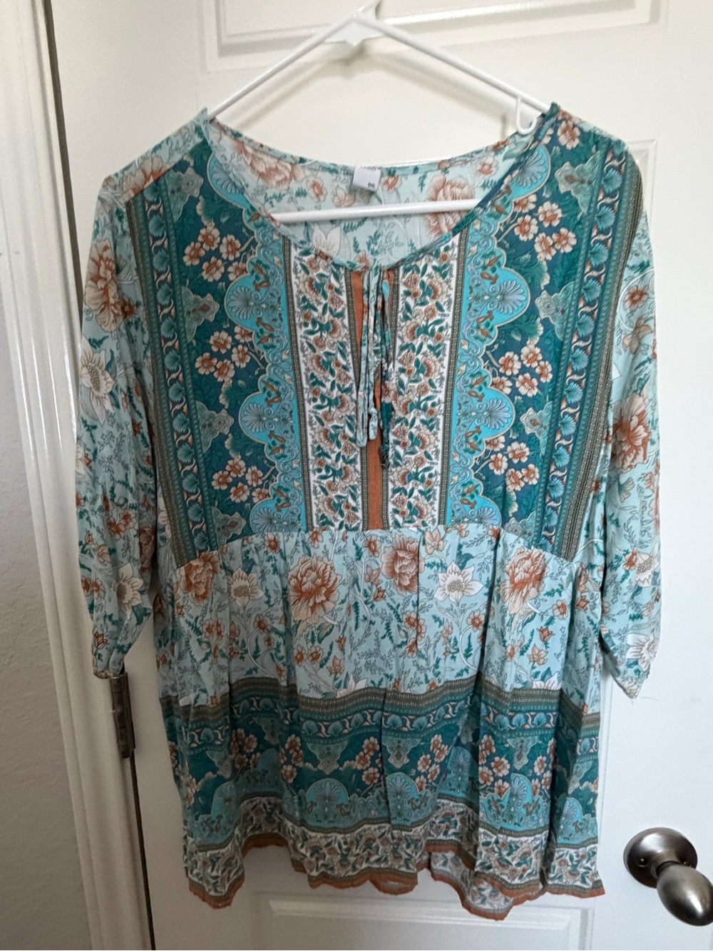 Brown Coco Boho Floral Tie-Front Blouse Blue Tan Floral Peasant Top XL